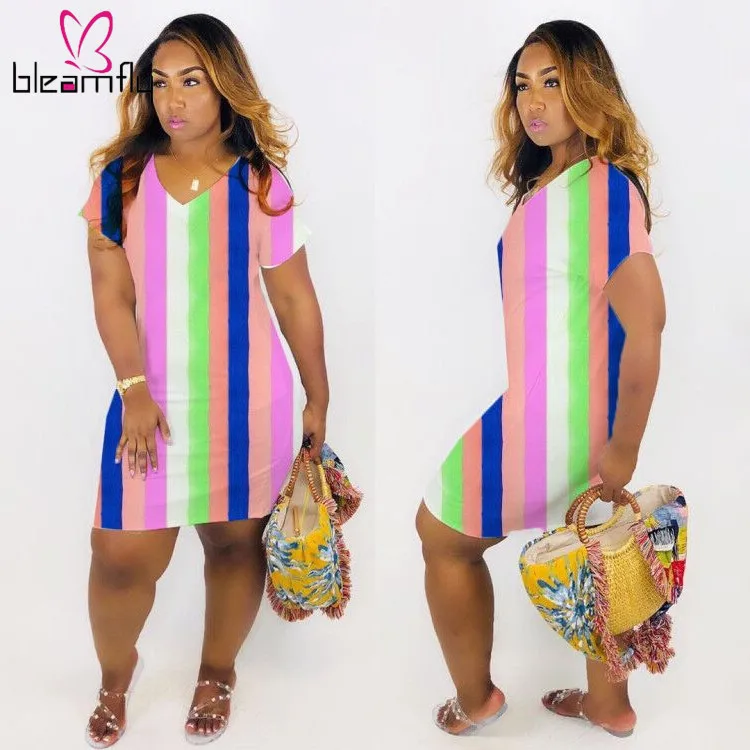 2019 женское летнее платье в полоску с v образным вырезом и коротким рукавом