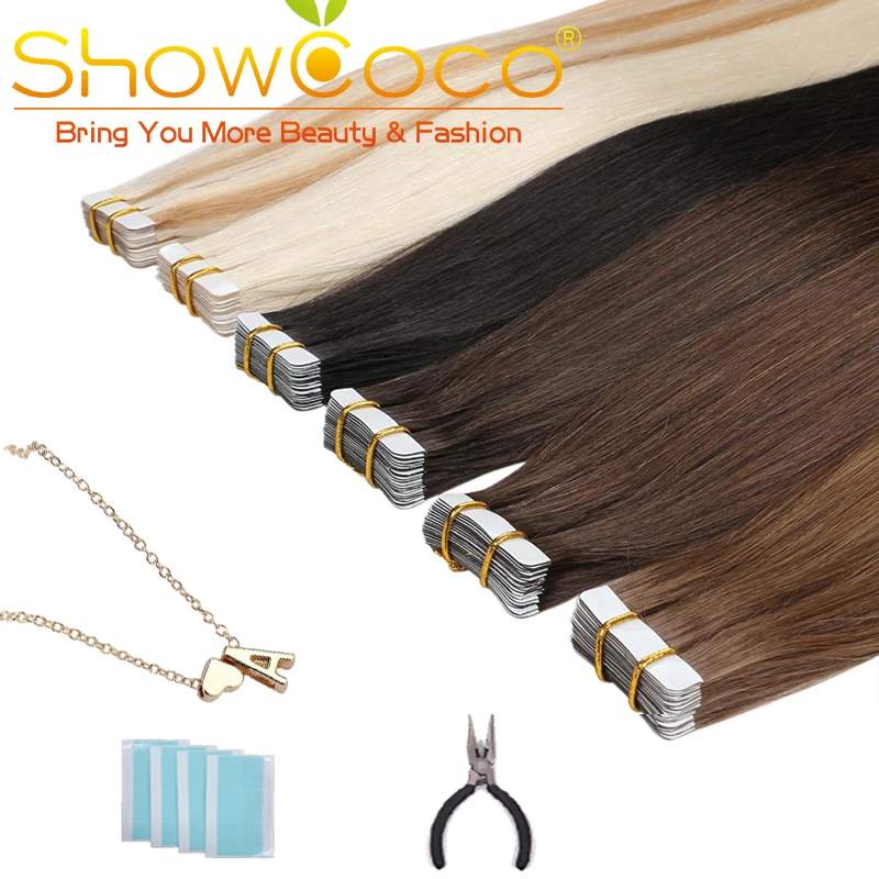 

Лента из натуральных волос ShowCoco, 40 шт., прямые волосы Remy, 16-24 дюйма