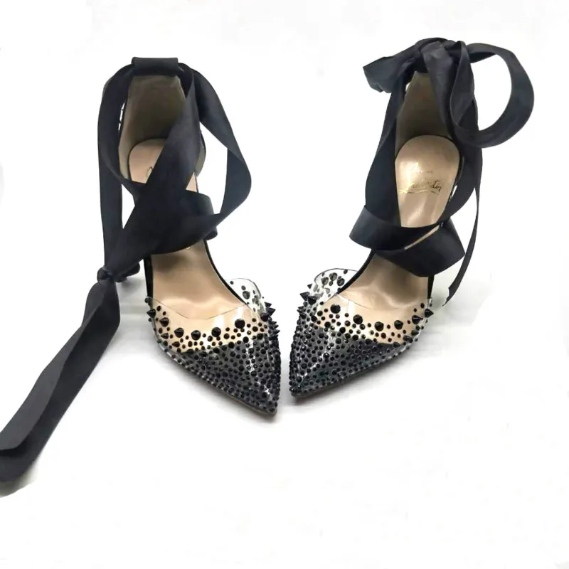 

2020 New Crystal Pointed High Heels Transparent Glue Ribbon Hollow High Heels Women's Shoes