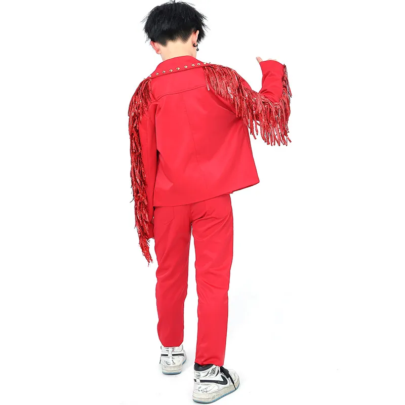 

2021 Hip Hop Costumes Red Fringed Jacket Sequined Vest Pants Boys Jazz Performance Clothing Children Street Dance Outfit