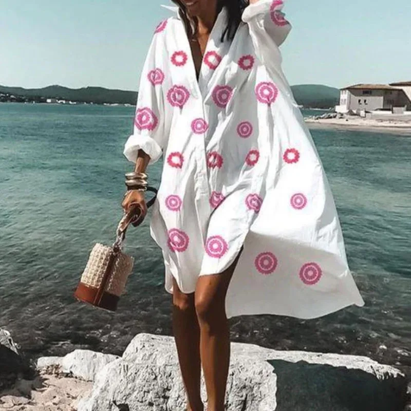 

2020 Women Button Shirt Dress Autumn Elegant Floral Print Long Sleeve Dress Ladies Casual Loose A-Line Beach Boho Dress Vestido