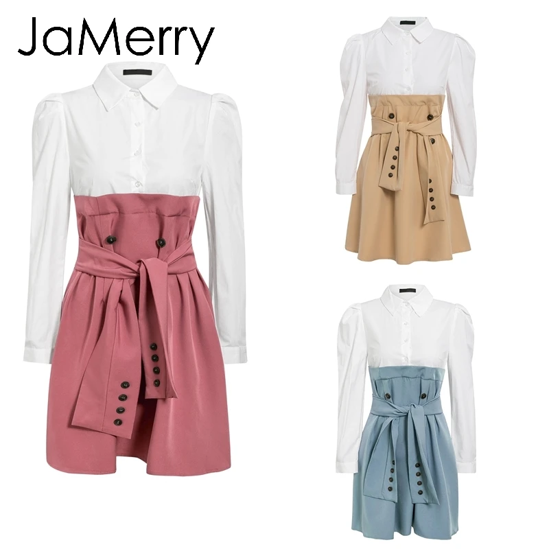 JaMerry, винтажная Лоскутная блуза рубашка, платье, женское, элегантное, с высокой талией, на пуговицах, с поясом, для офиса, для девушек, платье с пышными рукавами, осенние платья