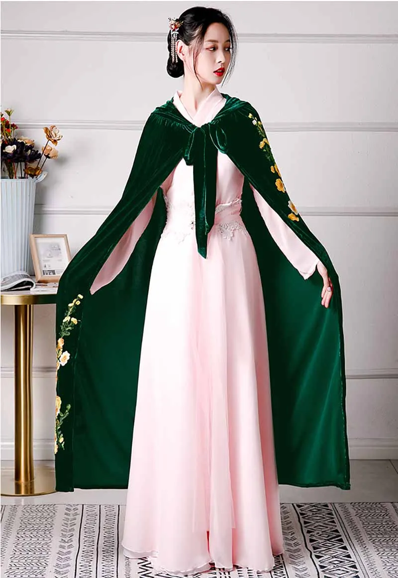 Women Cloak Autumn&Winter Thicken Velvet Hooded Cloak Female Halloween Cosplay Costume Hanfu Accessories Cloak Green For Women newly halloween female death dress terror skull role playing suit cloak stage costume for women te889