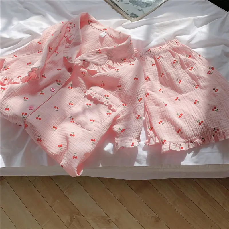 

Cherry Floral Print Pocket Ruffle Kawaii Pajamas Summer Suit for Women Japanese Teen Girls Home Clothes Pyjamas Pijamas