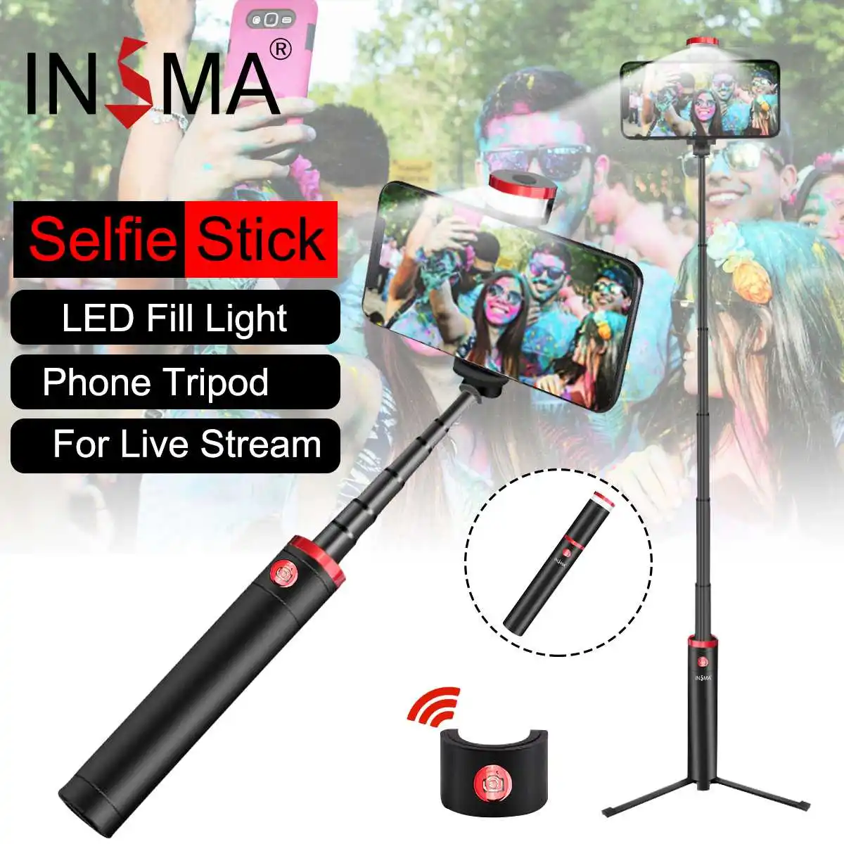 

INSMA INS-10 Wireless bluetooth selfie stick foldable mini tripod with fill light shutter remote control for IOS Android