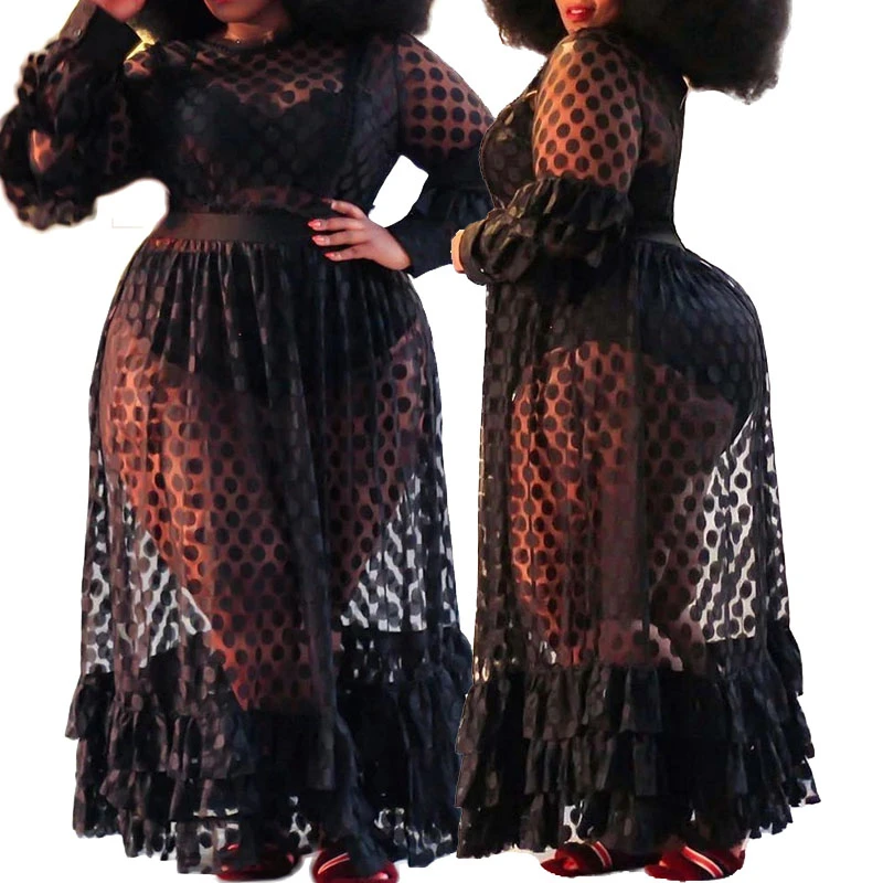 

Dress Women Plus Size Sexy Long Dresses Elastic High Waist Transparent Black Mesh Dress Elegance Lace Wholesale Dropshipping
