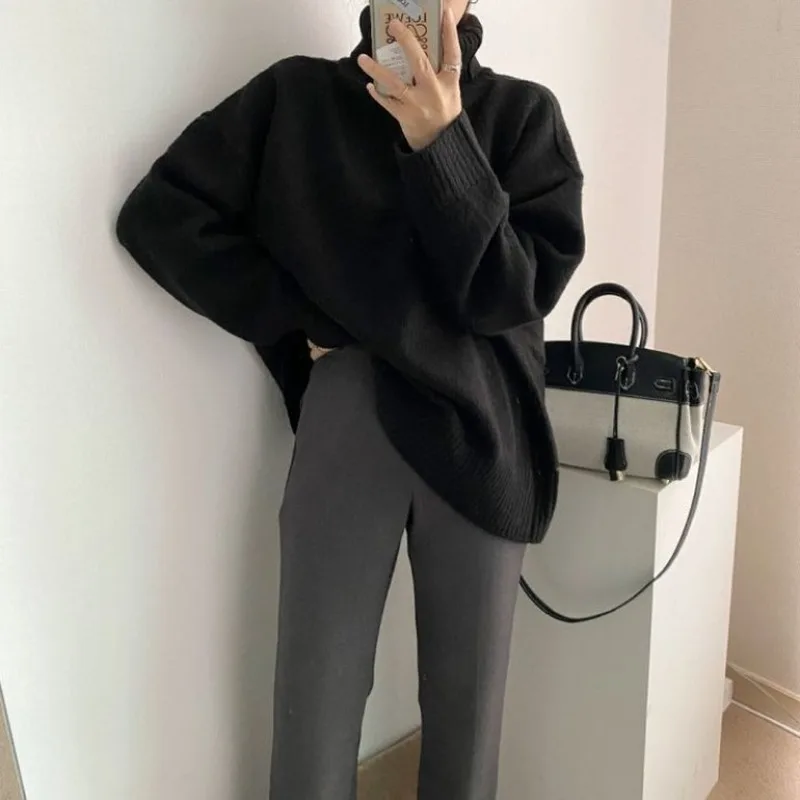 

Women's Oversized Knitted Turtleneck Sweaters Loose Solid Split Placket Women Pullover Jumpers Office Lady Medium Long Sweater