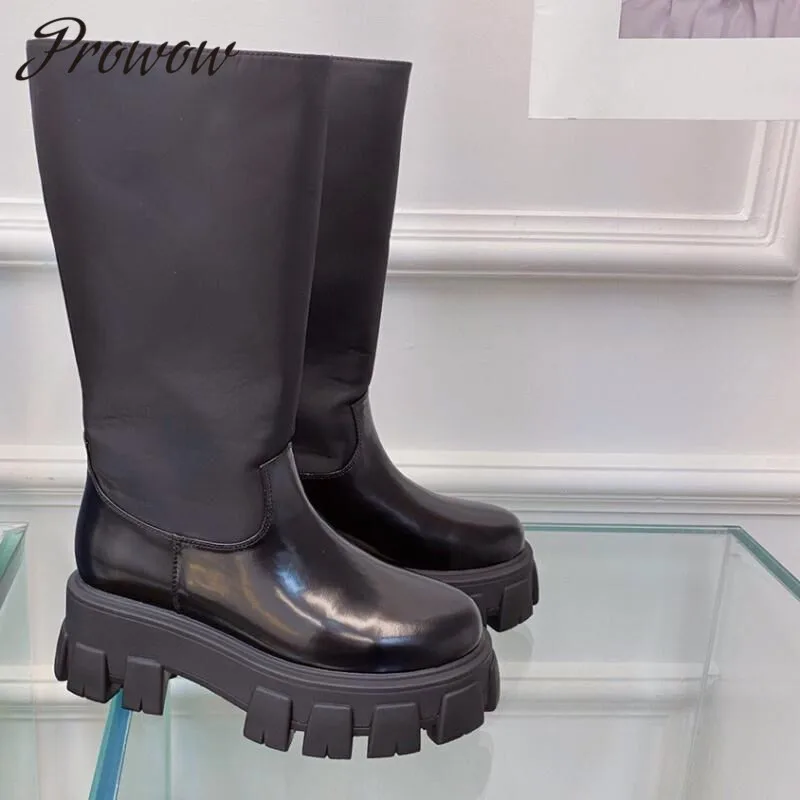 

Pwowow New Genuine Platform Boots Midcalf Luxury Designer Boots Thick Solo Winter Boots Shoes Women Zapatos Mujer