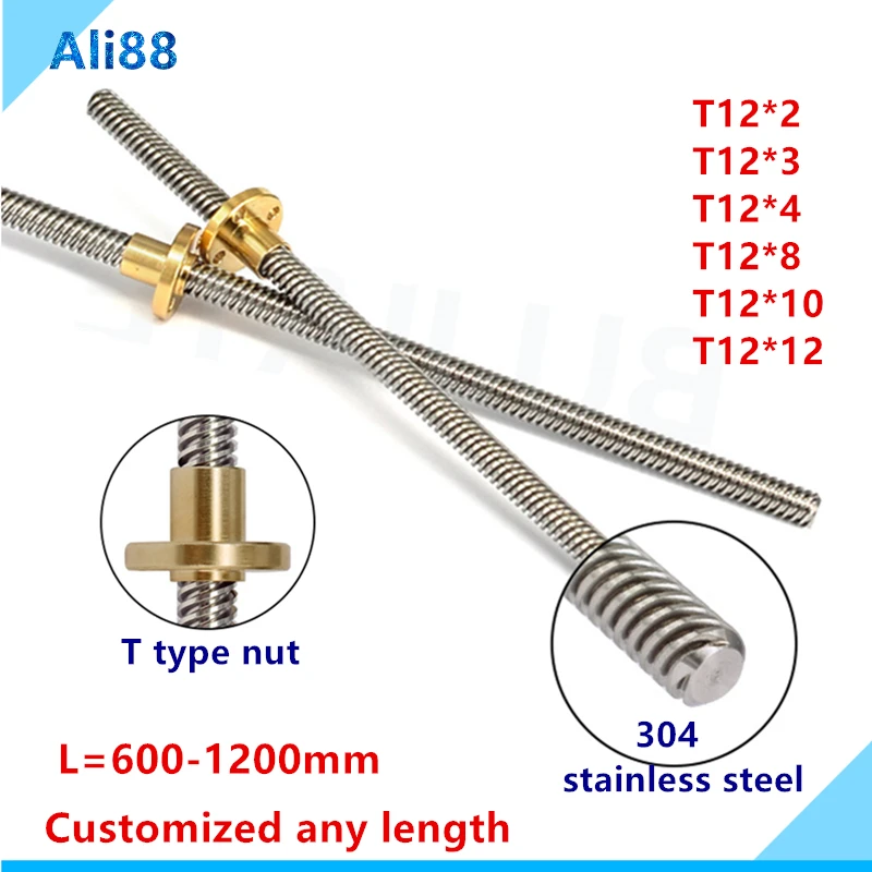 1pcs T12 lead screw 1000mm Customized any length Pitch 2 3 4 8 10 12 304 stainless steel Trapezoidal with brass nut | Обустройство