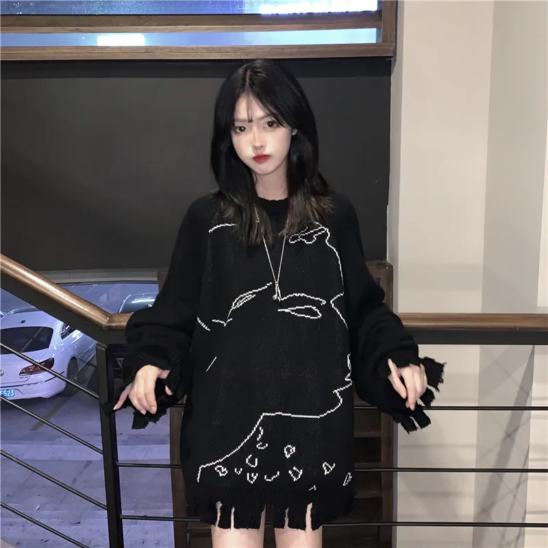 

knitted black loose pullover Korean style fashion brand Women's Clothing autumn winter sweater oversize ladies casual style new