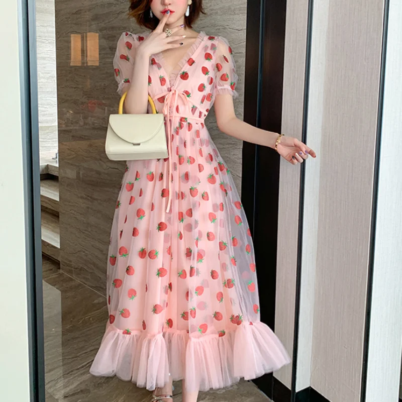 

Strawberry Dress Women Sweet Slim V-Neck Lace-up Party Maxi Dress Female Sequined Embroidery Mesh Holiday Summer Dress 2021 New