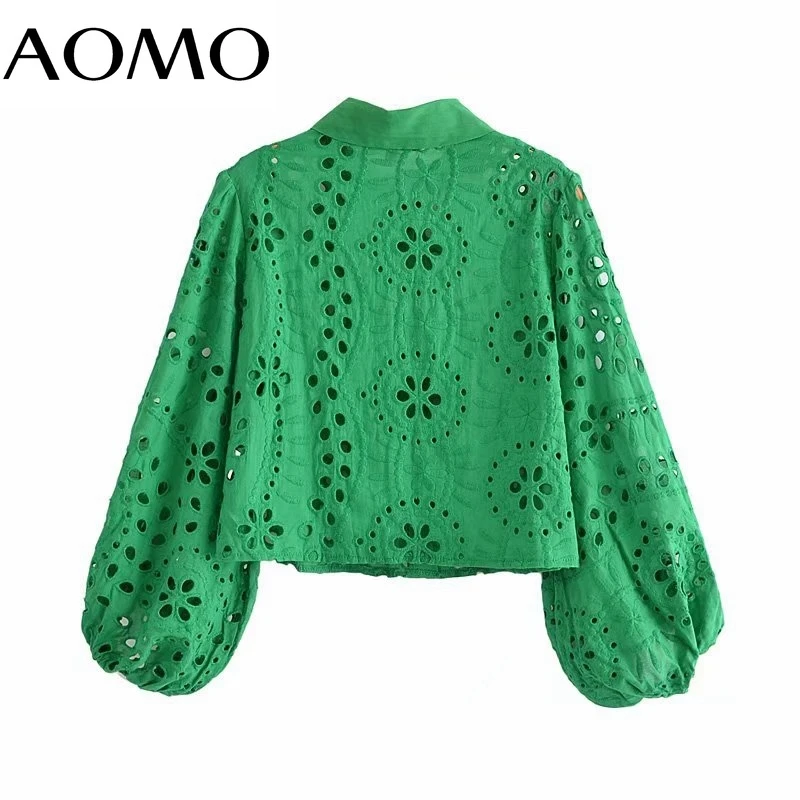 

AOMO Women Retro Green Embroidery Romantic Blouse Shirt Puff Long Sleeve 2021 Chic Female Shirt Tops 3H173A