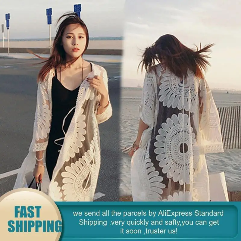 Летнее женское шифоновое кимоно белое длинное пляжное с цветочным принтом Mujer