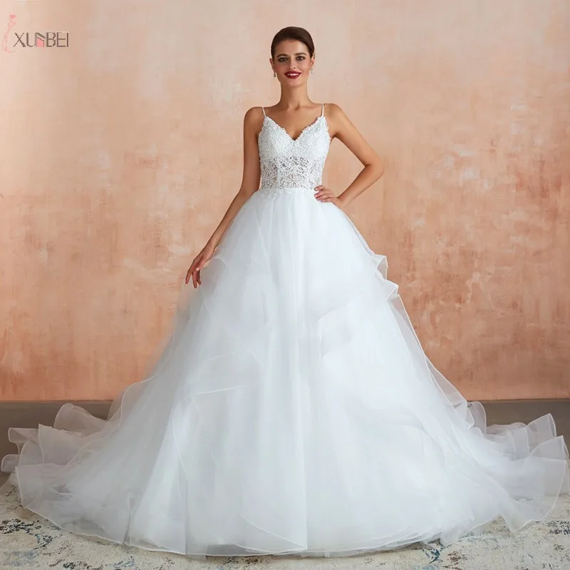 

Белое Тюлевое свадебное платье цвета слоновой кости 2019, женское кружевное платье без рукавов с V-образным вырезом и аппликацией