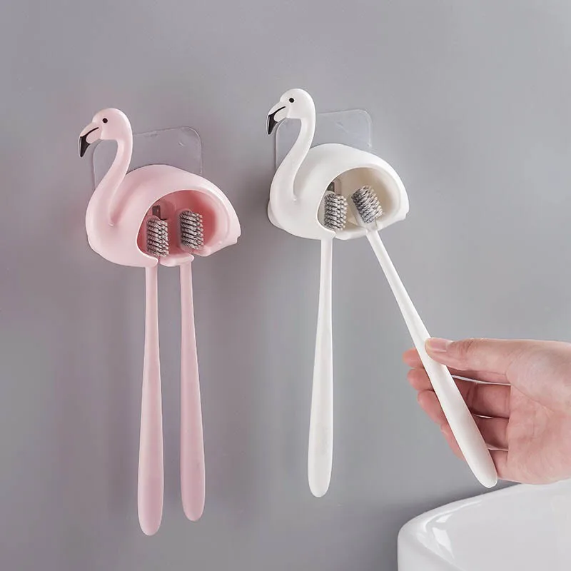 1Pcs Wall Mount Cute Sucker Toothbrush Rack Bathroom Accessories 2 Position Flamingo Shaped Toothbrush Holder