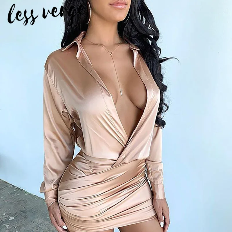 Сексуальное черное атласное платье рубашка с v образным вырезом женское осеннее