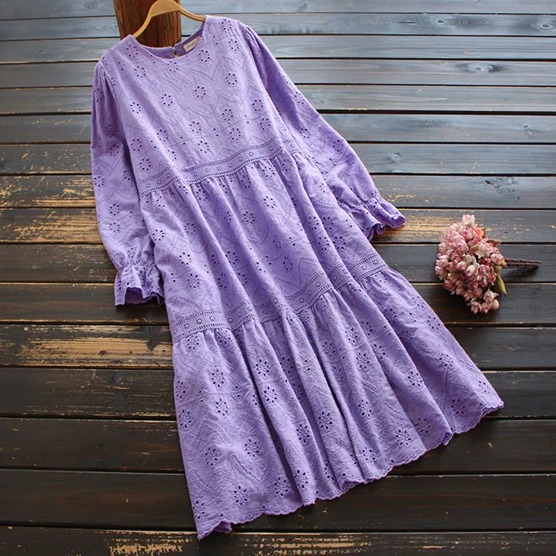

Kawaii Girl Sweet Full Embroidery Hollow Ruffled Collar Cotton Long Sleeve Dress 2021 Spring