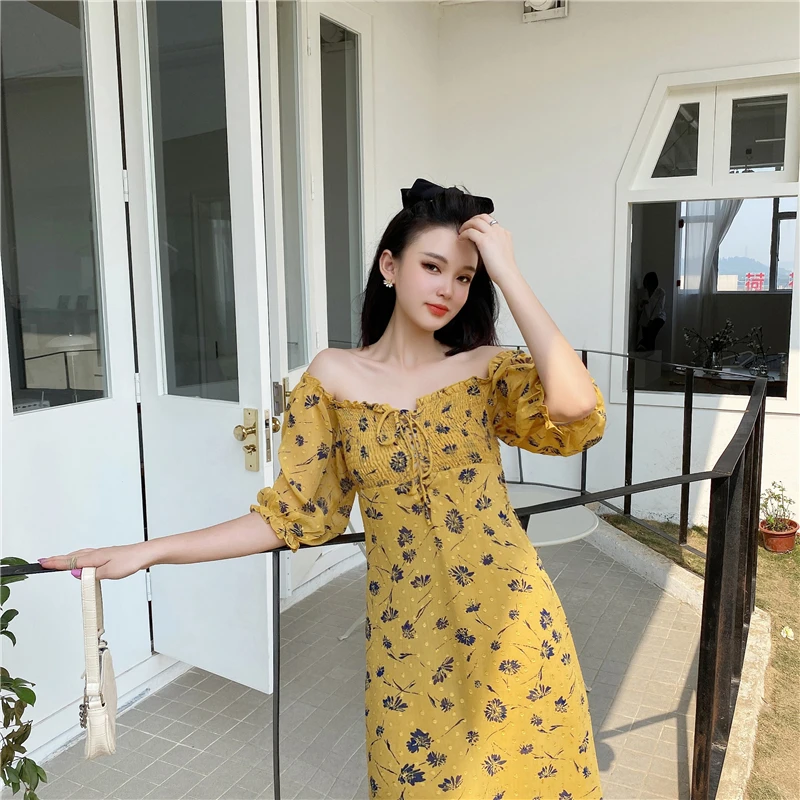 

Prairie Chic Yellow Flower Chiffon Dresses Women Summer Square-Cut Collar Smock Short Sleeve Calf Length One Piece Robe Romantic
