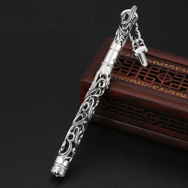 

S925 Sterling Silver Thai Silver Creative Hollow Flower Vine Small Holy Sword Ball Pen Men And Women Pendant Birthday Gift