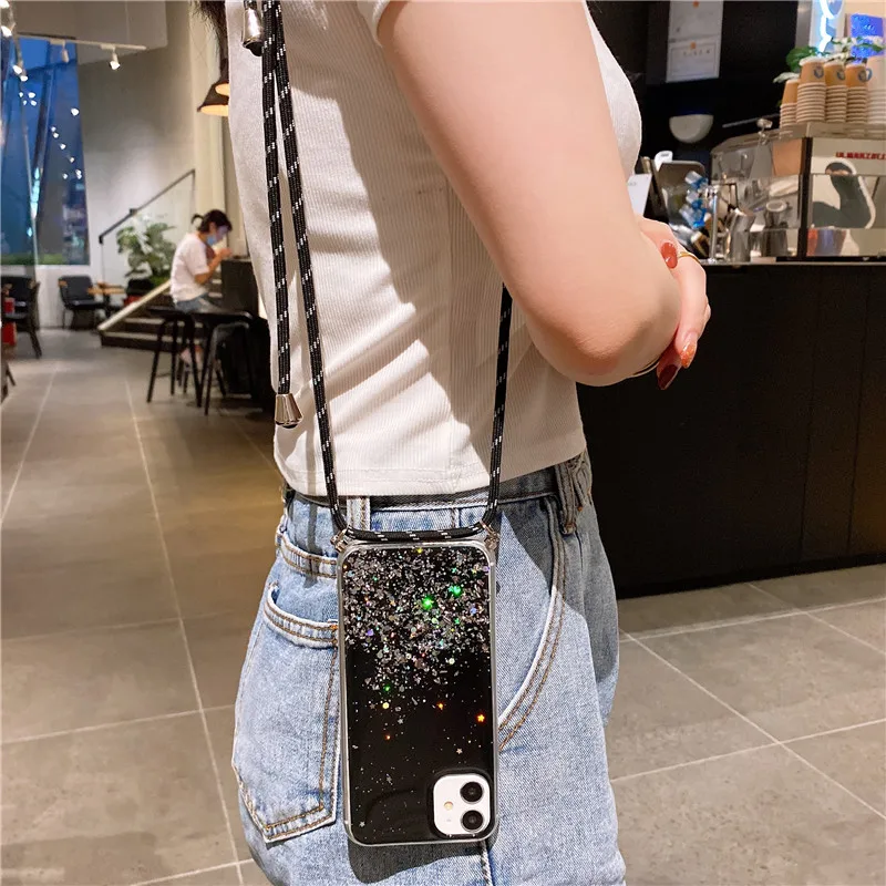 With Neck Strap Rope Cord Clear Glitter Case For Xiaomi Redmi K30 9A 9C 8A 7A 6A Note 9S 8T 9 8 7 Pro 6 Crossbody Lanyard Cover images - 6