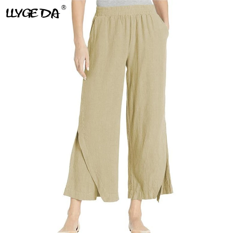 

Cotton Linen Wide Leg Women's Cropped Pants Diagonal Pockets Trousers For Female 2021 Spring Summer Thin Casual Homewear Pant