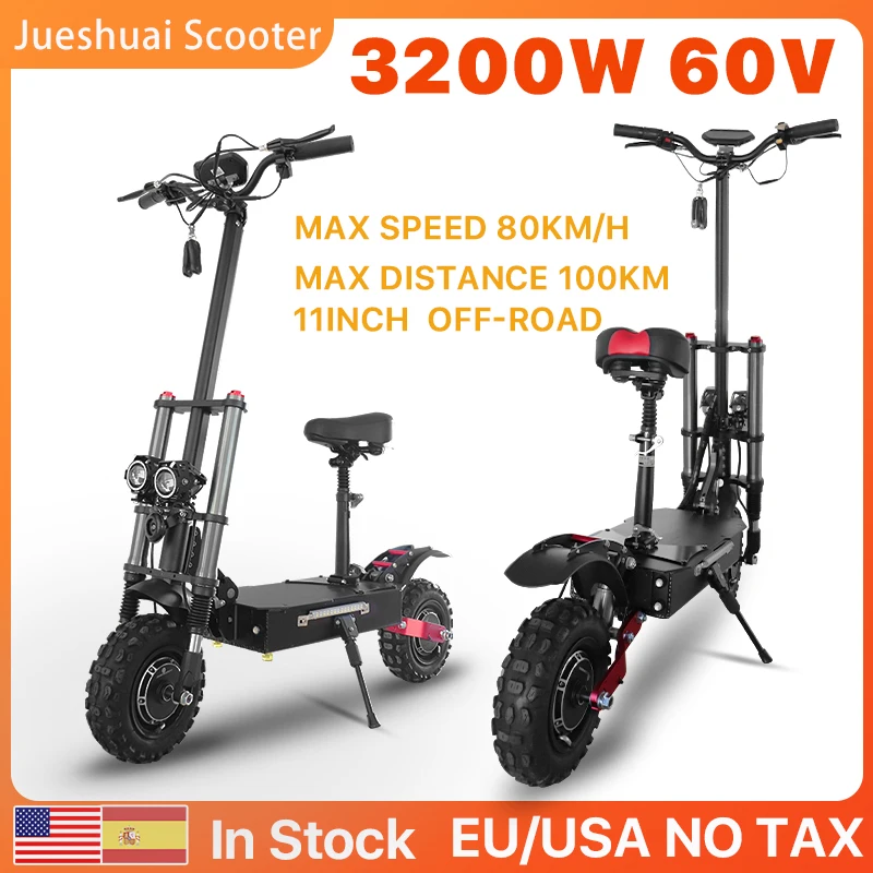 

Electric Scooter 60V Scooter Electric 3200W Dual Motor 30A Battery 11-inch Off-Road Tire Two Wheel Electric Scooter for Adult