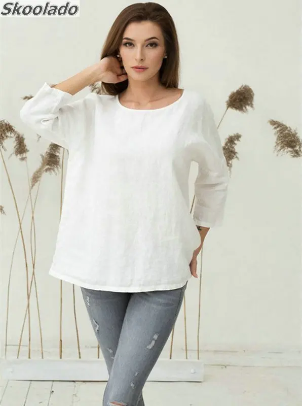 Новейшие повседневные женские топы из хлопка и льна блузки с вышивкой длинным