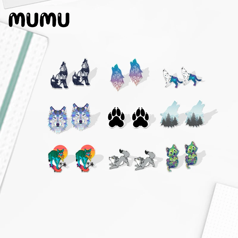 2021 New Howling Wolf Stud Earring Cute Animal Resin Jewelry Epoxy Acrylic Earrings Handmade Gifts Men | Украшения и аксессуары