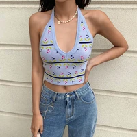 fashion v neck sleeveless halter knitted crop top women floral print backless sweater vest fashion casual y2k knitwear summer