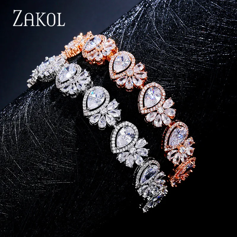 ZAKOL Романтический AAA кубический цирконий листья капают Свадебные ювелирные изделия браслет для женщин Свадьба работа вечеринка подарок на день рождения FSBP2129