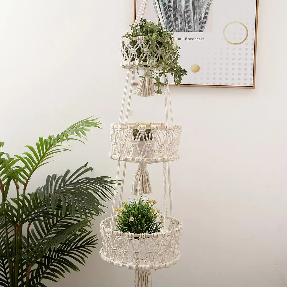 

3 Tier Hanging Storage Basket Cotton Rope Plant Holder Woven Fruit And Vegetable Basket Home Decoration Storage Basket
