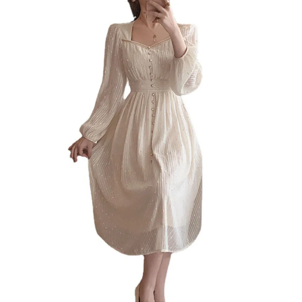 

Women's French Dress 2021 New Round Neck Long Sleeve White Design Fairy Dress Bubble Long Sleeve Waist Waist Thin Chiffon Dress