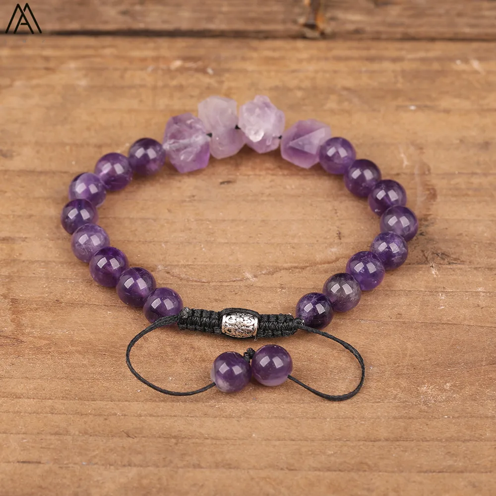 

Natural Amethysts Quartz Chunky Beads 8mm Natural Crystal Stone Beads Cord Knotted Handmade Braid Adjustable Bracelet N0372AMI