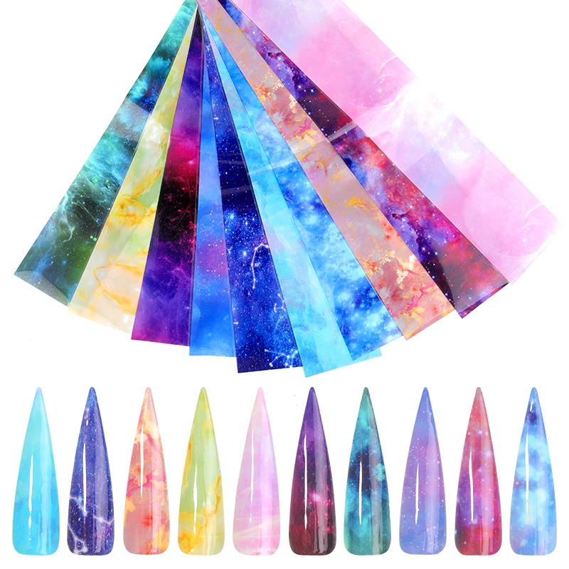 

10 pc Nail Sheet Sticker Set Holographic Starry Sky Adhesive Envelopes Transfer Paper Marble Shiny Nail Art Sticker Gel Slider