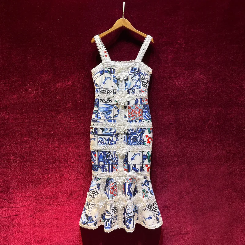 

2021 Summer Retro Porcelain Print Slim Sling Party Evening Dress for Women