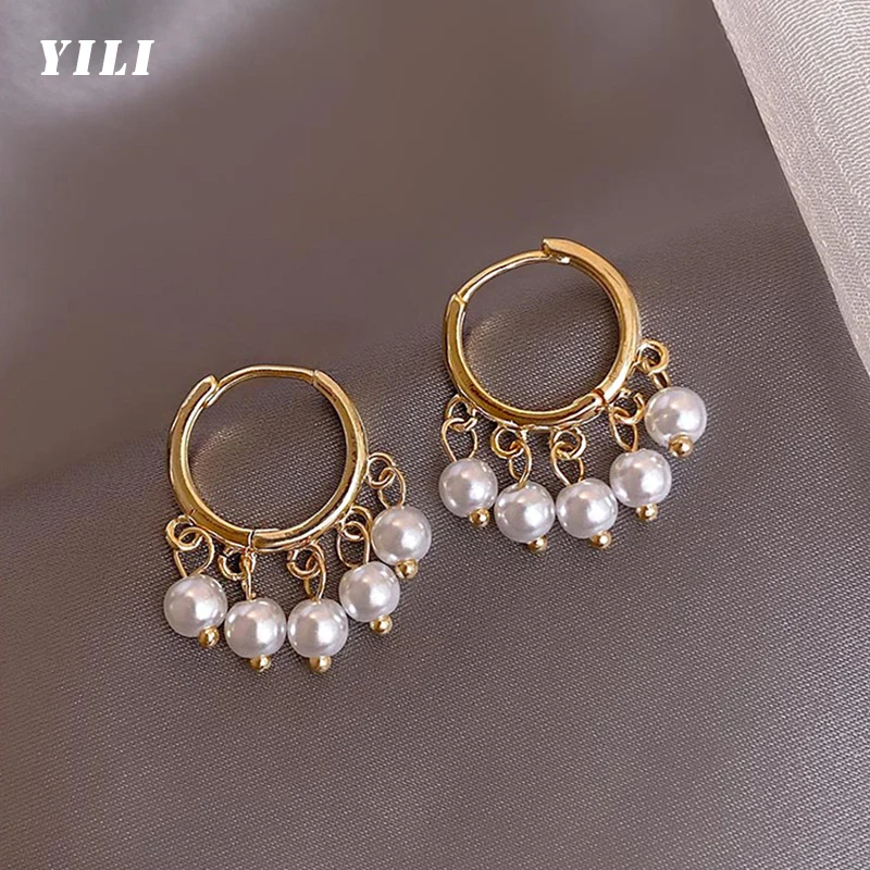 Корейские модные висячие серьги с 5 жемчужинами золотые серьги-кольца для женщин