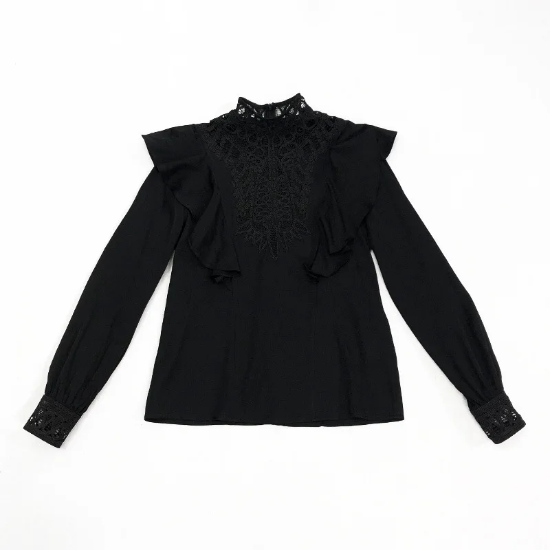 

Tops Fashion Silk Blouses 2021 Spring Summer Shirt Women Stand Neck Hollow Out Lace Embroidery Ruffle Sexy Tops White Black