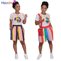 women 2 pieces set mouth stripe print color block short sleeve crop tops sweetwear suits sports clothes sweet girl tracksuit