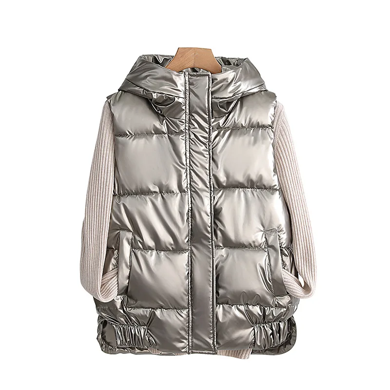 2021 Short Vest Puffer Jacket Women Bright Winter Hooded Zipper Waistcoat Cotton Vest Female Solid Casual Coat Parkas Outwear