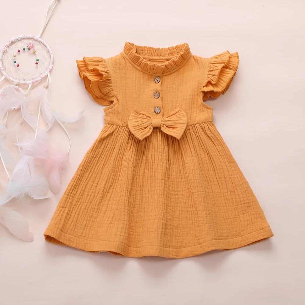 

US Toddler Infant Baby Girl 1T-6T Fly Sleeve Dress Solid Bow Princess Clothes Dress
