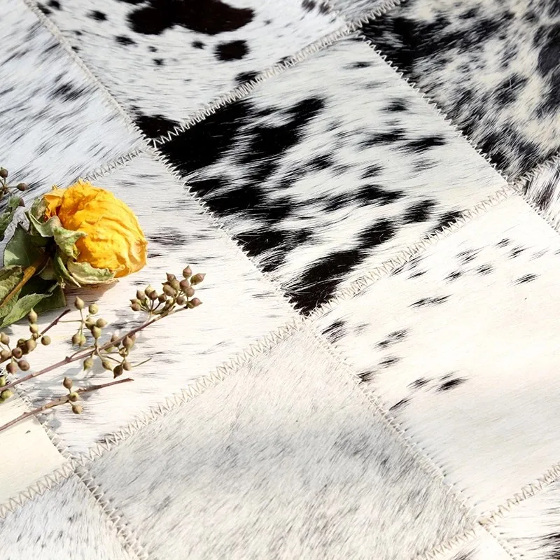 구매 고급 소가죽 재질 러그, 진짜 천연 소가죽 카펫, 흑백 혼합 거실 침실 장식 그라운드 매트