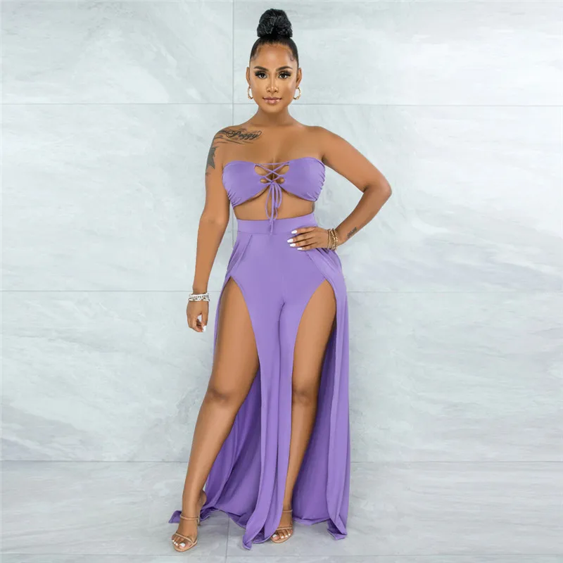 

Женская сексуальная клубная уличная одежда из двух предметов, однотонный укороченный Топ без бретелек на шнуровке и брюки с разрезом, летня...