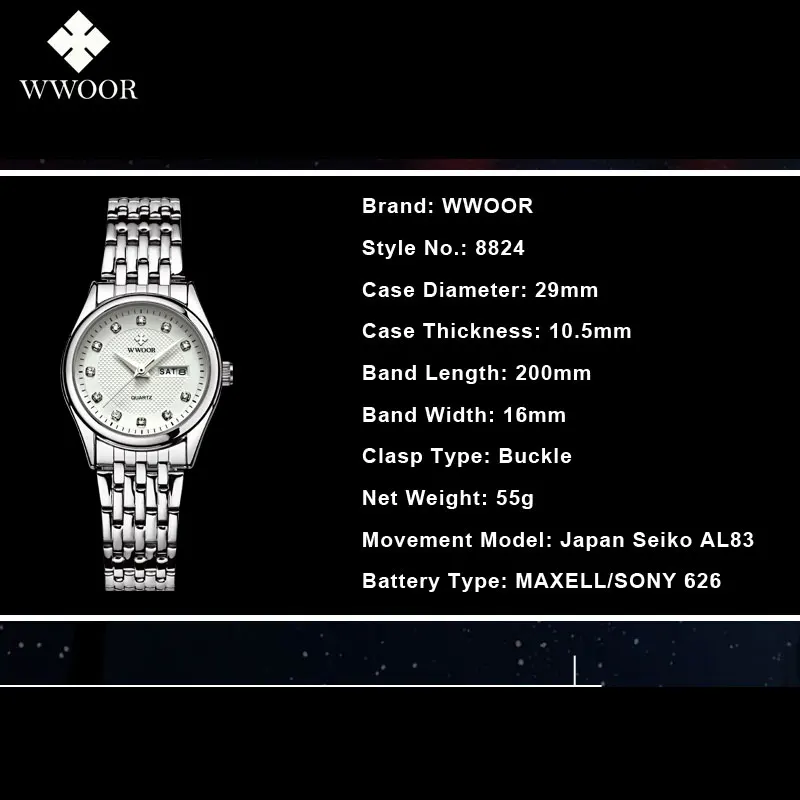

WWOOR Brand Fashion Women Watches ladies calendar quartz watches female wristwatches women stainless steel waterproof clock