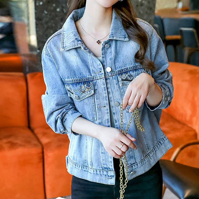 

Embroidered denim short jacket women 2021 spring new jacket Korean loose blue jean jacket Cotton Short Tassel Solid