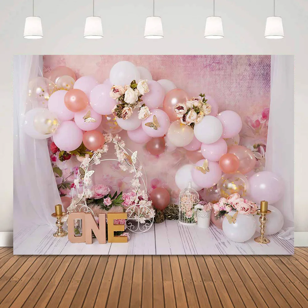 

Newborn Baby One Birthday Portrait Pink Backdrop Happy 1st Birthday Cake Smash Background Balloons Flowers Photo Shoot Props