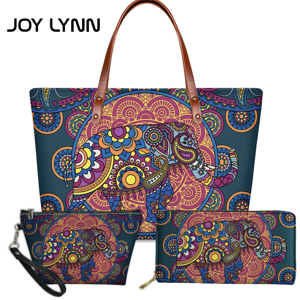 

JOY LYNN New Fashion Women Luxury Handbag And Purse Wallet 3pc Set Mandala Elephant Pattern Design Ladies Casual Totes Sac Bolsa