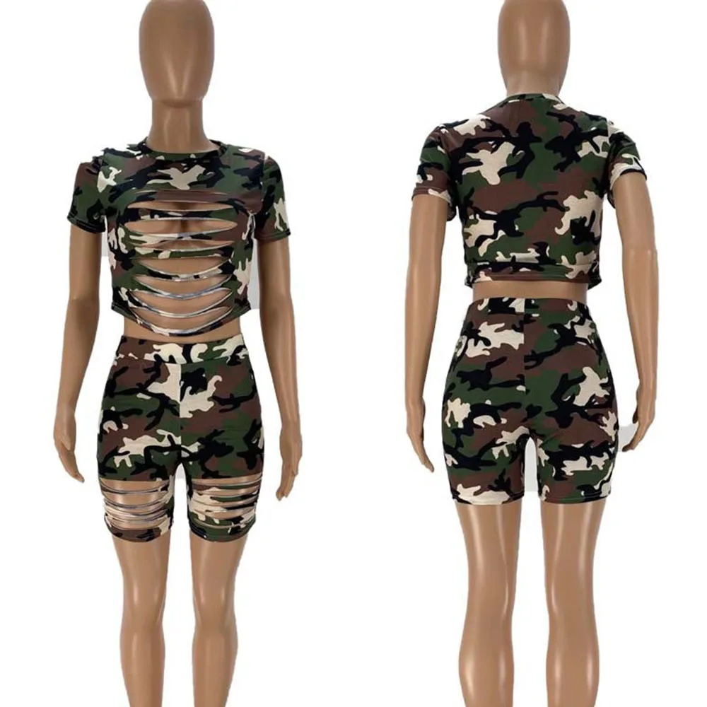 

Military Camouflage Two Piece Short Sets for Women Clothings Hole Hollow Out Matching Sets Streetwear Crop Top Biker Shorts Set