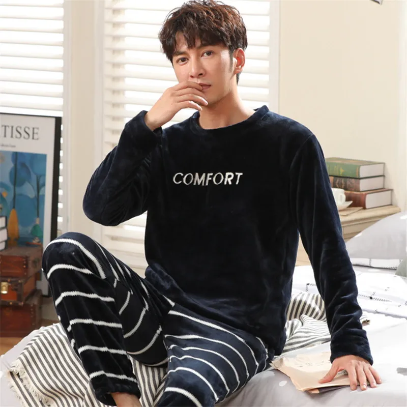

Plus Velvet Thicken Winter Men's Pajamas Set Long Sleeve O-neck Sleeping Tops Large Size Homewear Pajamas Sleep Loose Sleepwear