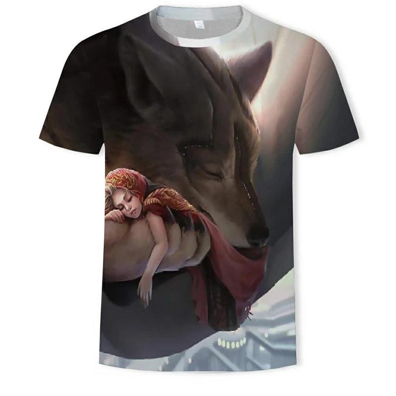 

Beauty and Wolf Summer Men's T-shirt Personality Animal Print 3D Harajuku Popular O-neck Tops