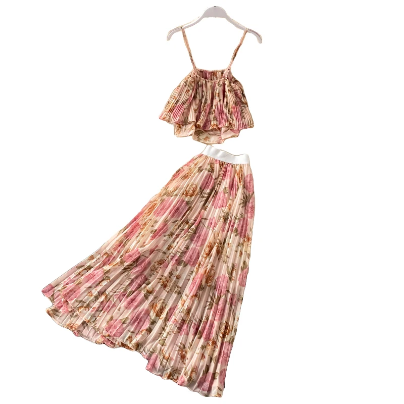 

Fashion Holiday Beach Sleeveless Halter Vest Short Top + Midi Pleated Floral Skirt Two Piece Set Women Bohemian Outfits Summer